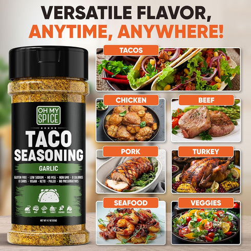 Taco Seasoning Mix Garlic Powder - Gluten Free & Low Sodium Mexican Seasoning Blend for Taco Tuesday Night. Garlic and Herb Seasonings for Fajita ...