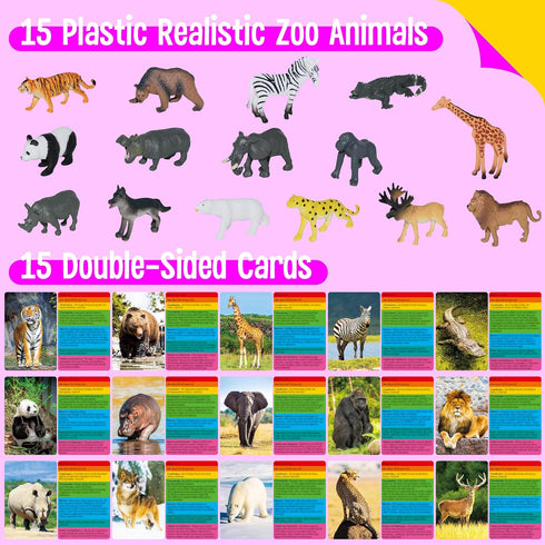 15 PCS Safari Animal Figurines with 15 Introducing Flashcards, Realistic Zoo Animal Figures Montessori Toys Science Educational Matching Game for ...