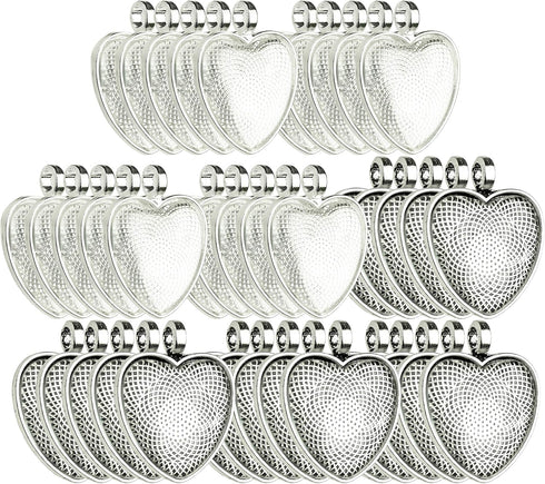 Bastex Heart Shaped Pendants for Jewelry Making. 80 pieces of DIY Pendant Tray Necklace Charms, Includes Metal Bezels and Cabochons - 1 inch, Silv...