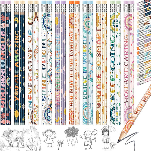 Funrous 60 Pieces Motivational Pencils Bulk Fun Pencils for Kids Students Boho Rainbow Inspirational Pencils with Sayings Welcome Back to School P...