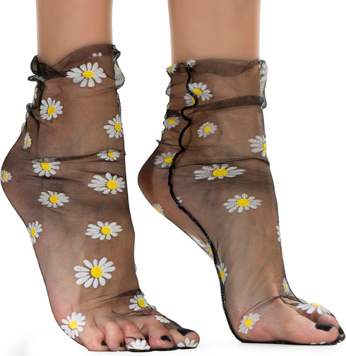 Mirage Black Translucent Daisy Socks Women Fashion Sheer Socks - See Through Mesh Socks for Women - Floral Tulle Socks (US sizes 5-8)...