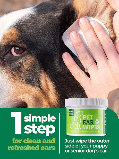 120ct Pet Ear Wipes for Dogs w/Itch Relief | Natural Coconut Oil, Eucalyptus & Aloe | Irritation Relief, Easy Otic Wax Cleaner Solution Pets...