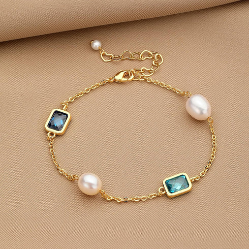 XYJZXY Gold Pearl Bracelet for Women 18K Gold Plated Pearl Link Bracelet Adjustable Cubic Zirconia Bracelets...
