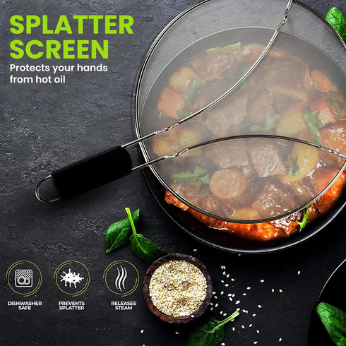 13" Grease Splatter Screen for Cooking | Stainless Steel Oil Splatter Guard and Ultra-Fine Mesh Protects Skin from Burns | TPR Tight-Grip Handle (...
