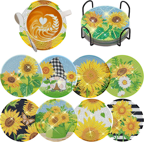 8 Pcs Diamond Painting Coasters, Sunflower Diamond Painting Coasters for Adults DIY Diamond Art Coasters for Drinks Painting Kits Supplies...
