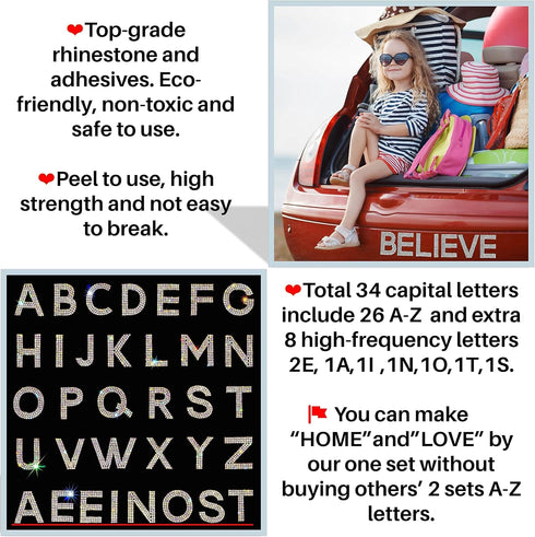 Locacrystal 34Pcs Bling Rhinestone Alphabet Letter Stickers, A-Z Letters Self-Adhesive Iron-on Crystal Rhinestones Word Stickers for Cars Arts Cra...