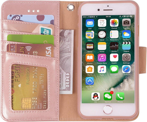 Arae Case for iPhone SE 2022 / iPhone SE 2020 / iPhone 8 / iPhone 7, Wallet Case with Card Holder PU Leather Flip Cover, Rose Gold...