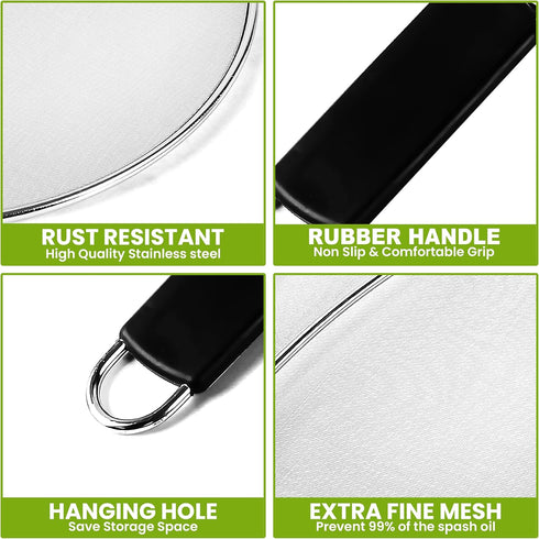13" Grease Splatter Screen for Cooking | Stainless Steel Oil Splatter Guard and Ultra-Fine Mesh Protects Skin from Burns | TPR Tight-Grip Handle (...
