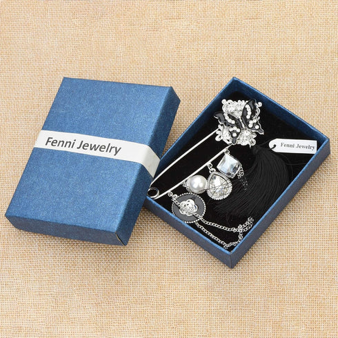 Black Enamel Crystal Butterfly Large Safety Pins Brooch with Tassel Camellia Pearl Charm 3.2" L...