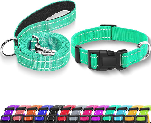 Reflective Dog Collar with Safety Locking Buckle, Adjustable Soft Breathable Nylon Collars for Small, Medium and Large Dogs(Collar+Leash XS Width ...
