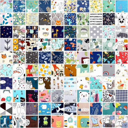 Oudain 100 Pcs Cotton Fabric Square Patchwork Craft Fabric Scraps Quilting Fat Bundles Flower Animals Cartoon for DIY Sewing Cloths (Cute, 10 Inch...