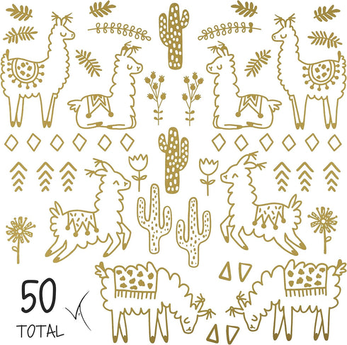 Alpaca Animal and Cactus Wall Decal. Peel and Stick for for Kids, Baby Bedroom Nursery and Living Room. 50 pcs Vinyl Wall Stickers (Gold)...