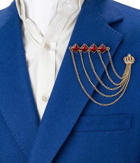 Knighthood Brooch Pin Diamond Cut Red Stone Bar with Hanging Chains and Gold Crown Lapel Pin Accessories for Men Women...