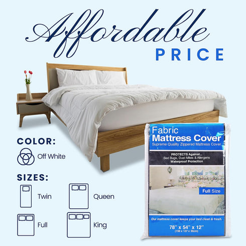 BRODER MFG. INC. - Full Size Mattress Protector, Soft and Smooth Mattress Cover, Waterprood White Fabric Bed Cover with Zipper, Machine-Washable M...