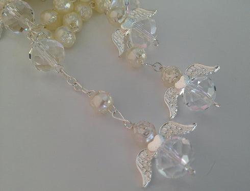 25 Pc Ivory Color Baptism Favors with Angels Mini Rosaries Silver Plated Acrylic Beads/ Recuerditos De Bautismo/ Christening Favors/ Decenarios/ D...
