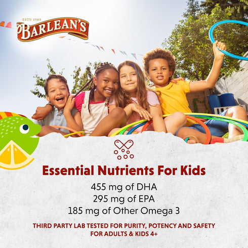 Barlean's Omega Pals Lipsmackin' Citrus Flavored Omega-3 for Kids, Yummy Children's Liquid Fish Oil Supplement with 750 mg of EPA & DHA for Brain ...