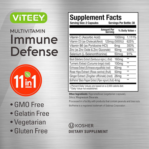 11 in 1 Multivitamin Immune Defense Supplement - Immune Booster Capsules for Adults - Vitamin C, Vitamin D3, Vitamin B6, Zinc, Elderberry, Echinac...