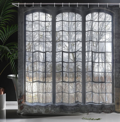 Ambesonne Industrial Shower Curtain, Old Large Window with Broken Panes Deserted Hall Forest Trees Winter, Cloth Fabric Bathroom Decor Set with Ho...