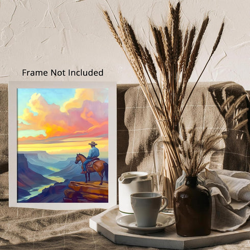 Posterizer 1 pcs-vibrant painting style art-cowboy on horse in the wild 1-Western Art-Men's Art Collection-Living Room Bedroom Decor- unframed wal...