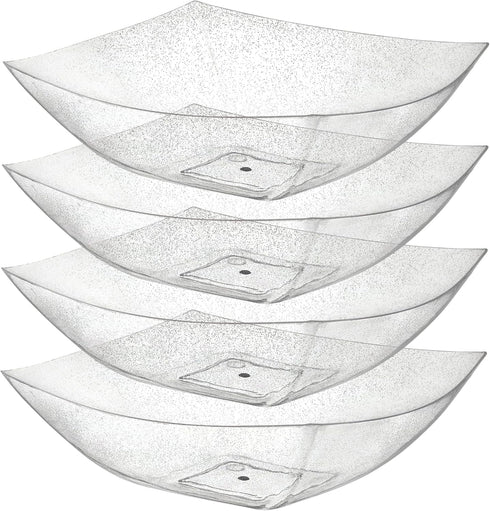 Posh Setting Square Plastic Serving Bowls, Medium Silver Glitter Plastic Serving Bowls, 4 Pack Plastic Disposable Party Snack, Buffet, Chips, or S...
