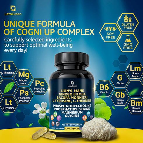 Organic Lions Mane Supplement Capsules - 120 Real Mushrooms Lion's Mane Capsules with Ginkgo Biloba Herb, Bacopa Monnieri - Nootropics Brain Suppo...