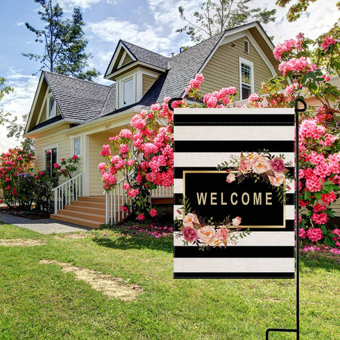 Personalized Floral Garden Flag,Welcome Flag,Welcome Friends,Farmhouse Decor,Yard Decor,Outdoor Decor,Black and White Stripes Garden Flag 12.5 X 1...
