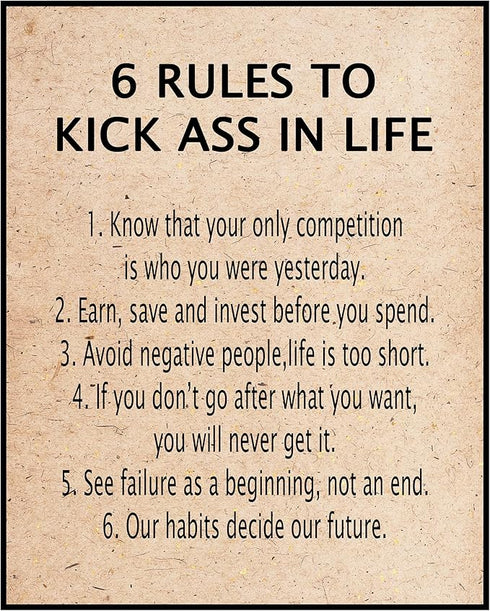 Posterizer 1 pcs-Six Rules to Kick Ass in Life-Motivational & Inspirational Art- Gift for Men Women Entrepreneur Teens-Decor for Home & Office- un...