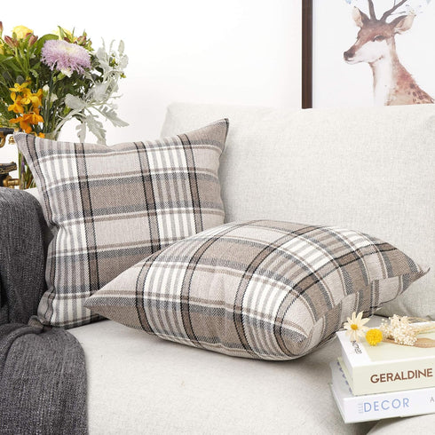 YOUR SMILE Set of 2 Retro Farmhouse Outdoor/Indoor Buffalo Tartan Chequer Stripe Plaid Cotton Linen Decorative Throw Pillow Case Cushion Cover Pil...