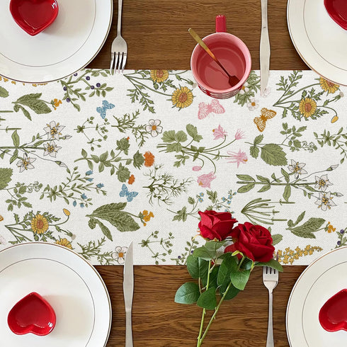Floral Wildflowers Table Runner, Spring Butterfly Herbs Farmhouse Holiday Home Kitchen Dining Table Decoration, 13 x 72 Inch...