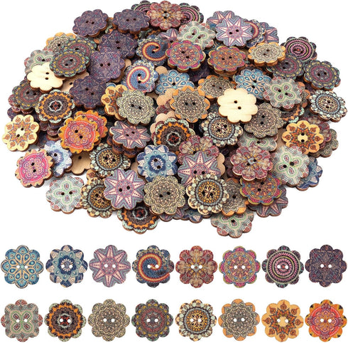 150Pcs 20mm Wooden Vintage Buttons, 2 Hole 3/4inch DIY Crafts Sewing Flower Painting Wood Buttons Octagon Coconut Shell Handmade Ornament Mixed Pa...
