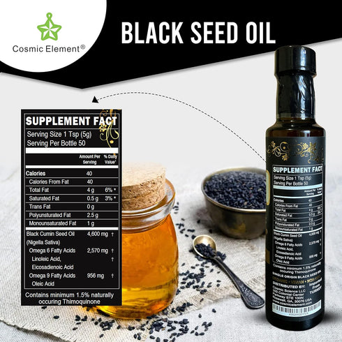 Cosmic Element Cold Pressed Black Seed Oil Organic - Omega 3 6 9 | Vegan Nigella Sativa Organic Black Cumin Seed Oil - Antioxidant for Immune Supp...