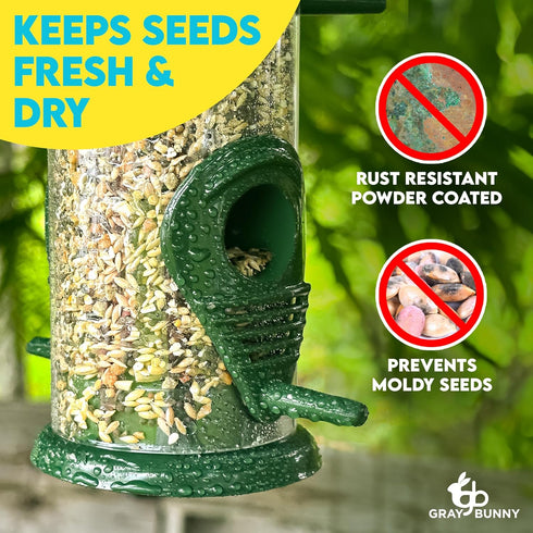 Gray Bunny Metal Bird Feeder, 4-Port Wild Bird Feeders for Outdoors Hanging, Heavy Duty Chew-Proof and Rust-Proof Tube Bird Feeder, 15 Inches...