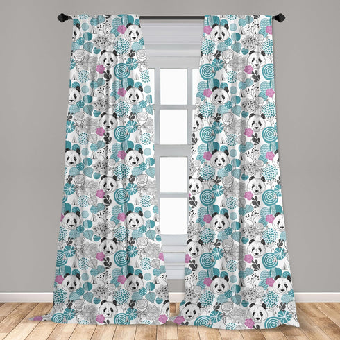 Lunarable Panda Window Curtains, Portraits of Chinese Bears on Sketch Flowers and Abstract Circular Shapes, Lightweight Decor 2-Panel Set with Rod...