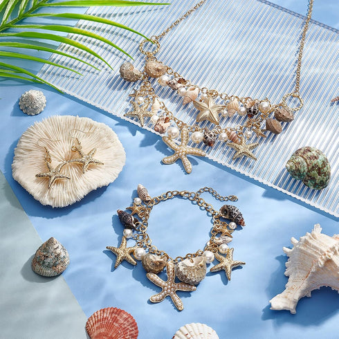 PH PandaHall 3 in 1 Mermaid Jewelry Set Sea Shell Starfish Jewelry Pearl Bib Statement Chunky Mermaid Tail Necklace Bracelets Shell Earrings Summe...