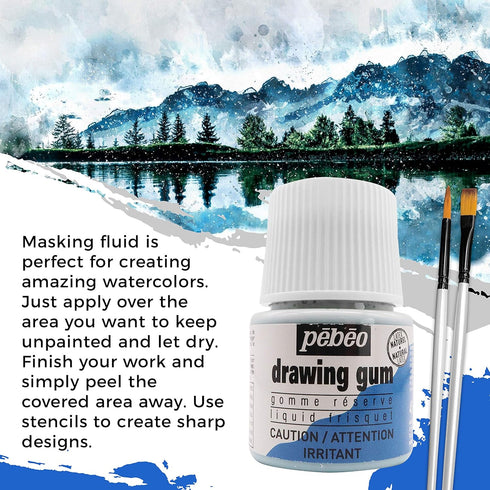Pebeo Drawing Gum Made in France - Masking Fluid for Watercolor Painting and Various Art Projects - Bundled with Moshify Applicator Brush Set...