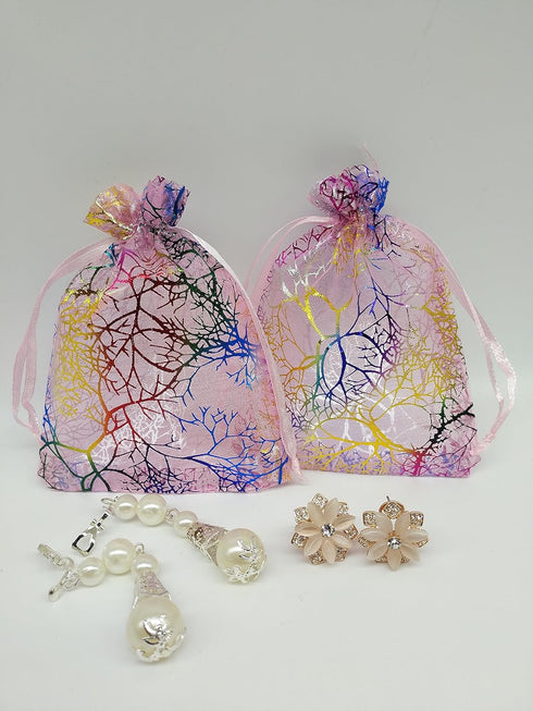100pcs Sheer Organza Favor Bags For Wedding Baby Shower Rattan Print Gift Bags Samples Display Drawstring Pouches (3x4 inch, coral pink)...