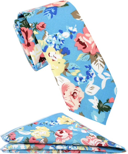 ZENXUS Mens Casual Skinny Floral Tie Combo Set with Flower Pocket Square 2½" Cotton Necktie Hand Made...