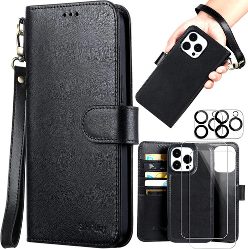 Genuine Leather for Apple iPhone 15 Pro Wallet Case with Card Holder Kickstand, Phone Accessories for Woman Men, 2 pcs Screen Protector 2 pcs Came...