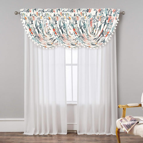 DriftAway Ada Botanical Print Lined Flower Leaf Thermal Insulated Window Valance Rod Pocket Waterfall Swag Valance with Pom Pom 52 Inch by 18 Inch...
