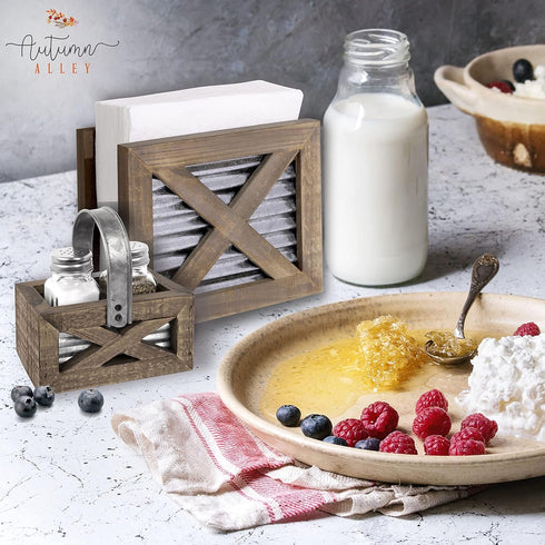 Autumn Alley Farmhouse Napkin Holder Wooden- Upright - Classic Barn Door Design with Galvanized Metal - Rustic Napkin Holder for Farmhouse Kitchen...