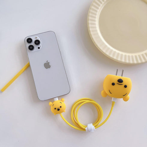 3D Cute Cartoon Charger Protector Case - Compatible for Apple 20W USB-C Power Adapter and Lightning Cable (Yellow Winnie)...