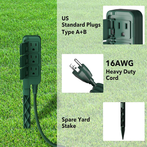 HBN Outdoor Power Stake Waterproof with 6FT Long Extension Cord, 3 Grounded Outlets Yard Power Strip with Protective Covers, Electrical Power Stak...