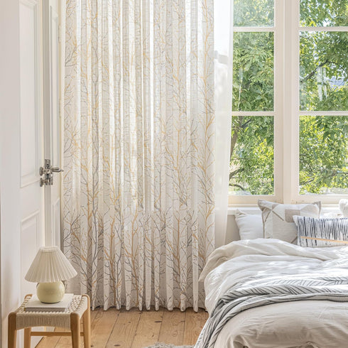 FMFUNCTEX Linen Semi Sheer Curtains for Bedroom, Yellow White Curtains 84 Inches Long for Living Room, Grey Tree Branch Print Curtain Light Filter...