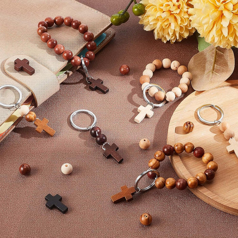 SUNNYCLUE 250Pcs Wood Cross Charms Easter Holiday Small Cross Beads Bulk Wooden Round Beads Unfinished Wood Bead 10mm Beading Keychain Making Kit ...
