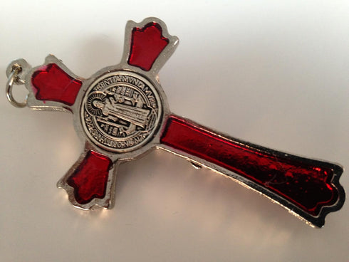 Hand Made St Benedict Cross Medal Crucifix 3" Tall Silver Plated with Red Enamel...