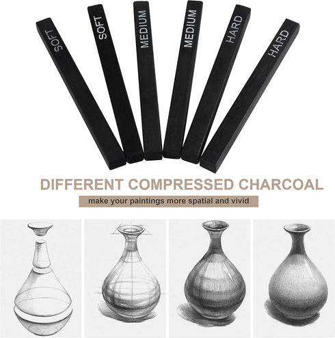 MyLifeUNIT Compressed Charcoal, Square Vine Charcoal Sticks for Drawing, Pack of 6 (2 Soft, 2 Medium and 2 Hard)...