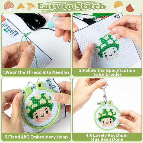 WATINC Mushroom Embroidery Cross Stitch Kit - DIY Keychain with mushroom Patterns Needlepoint Starter Kits for kids, Set of 5 Embroidery Kits with...