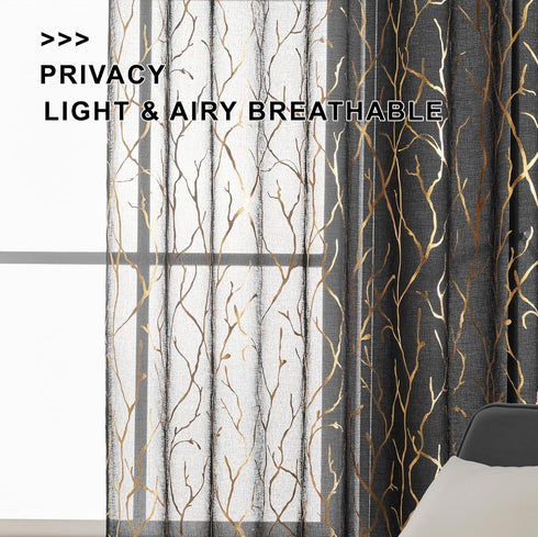 FINECITY Black Gold Sheer Curtains for Bedroom - Metallic Gold Foil Tree Branch Black Sheer Curtains 63 Inch Length Black and Gold Window Curtain ...