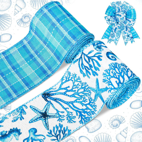 Whaline 2 Rolls Summer Wired Edge Ribbon 2.5 Inch Seahorse Starfish Coral Craft Ribbon Blue Ocean Sea Fabric Ribbon for Bow Wreath Craft Gift Wrap...