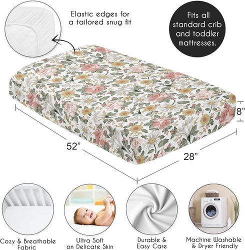 Sweet Jojo Designs Vintage Floral Boho Girl Fitted Crib Sheet Baby or Toddler Bed Nursery - Blush Pink, Yellow, Green and White Shabby Chic Rose F...
